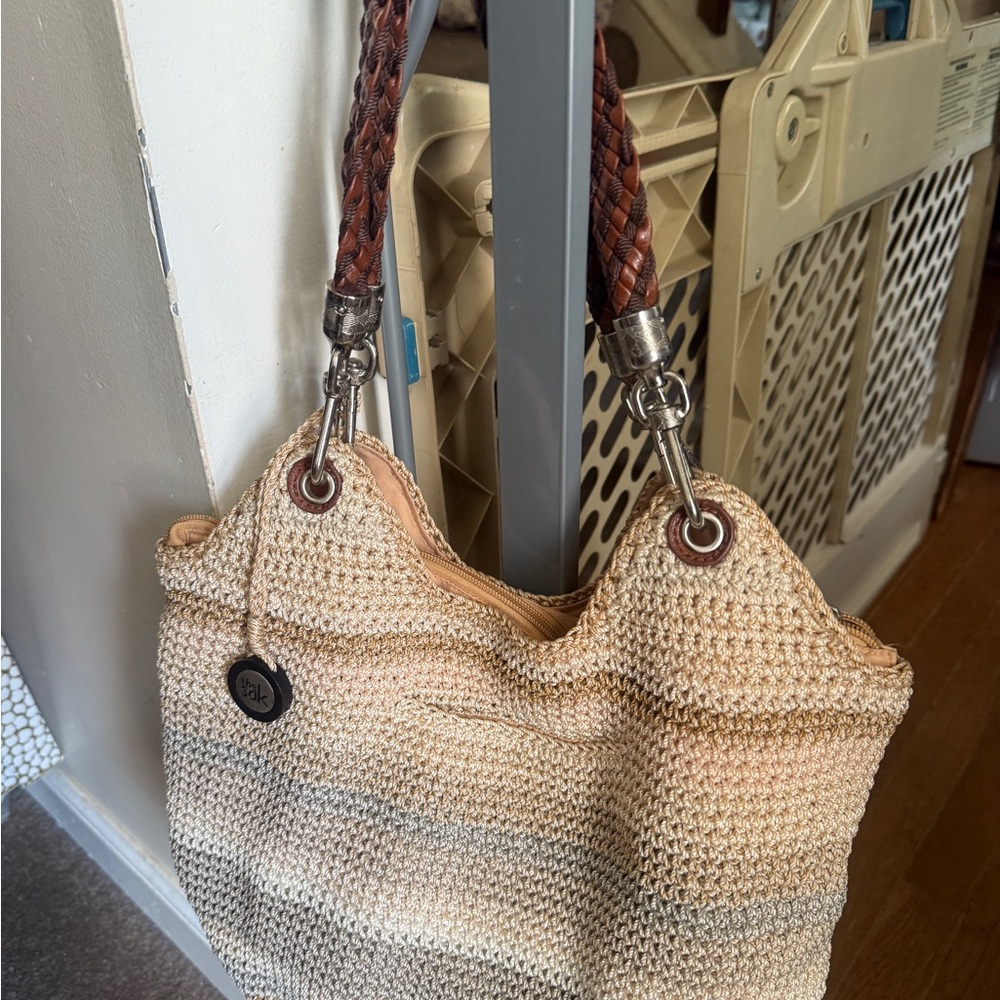 The Sak Tan and Brown Woven Shoulder Bag with Metal Accents - EUC